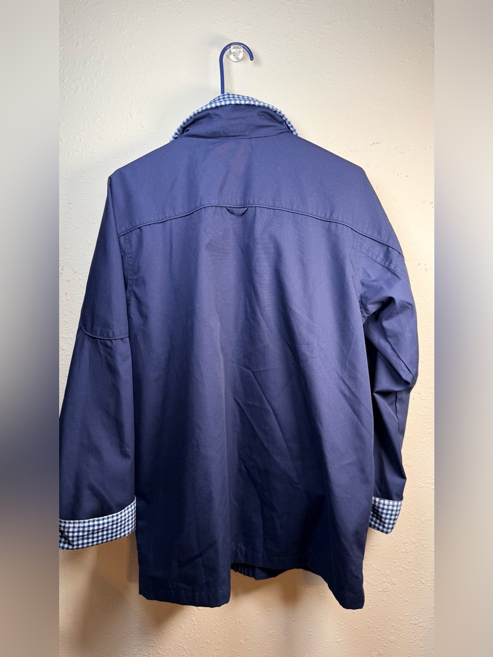 Blair Navy Blue Hooded Utility Rain Jacket Gingham Trim Coat - Picture 7 of 11